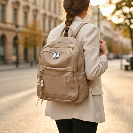Woman wearing taupe pebbled leather backpack with flower charm, Jack Gifts Online Lebanon