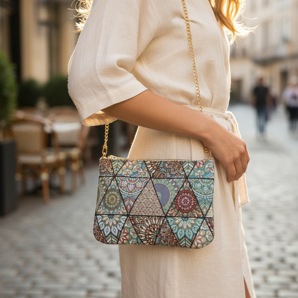 Teal patchwork tapestry bag worn crossbody over a cream dress