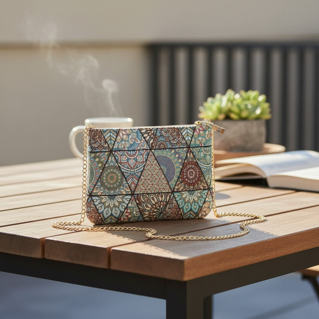 Teal mandala tapestry crossbody bag with a zip top and gold chain