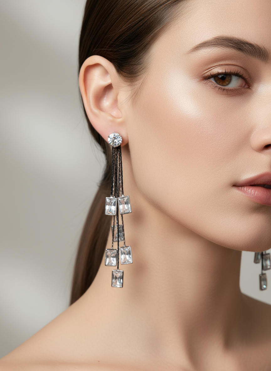 Close-up of a woman wearing a set of teardrop earrings with a neutral background
