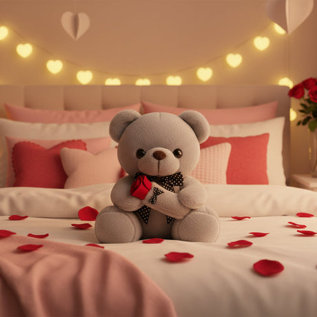 Grey bear with a rose under a heart shaped string of lights above a headboard