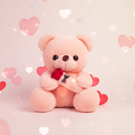 Blush pink bear and its ribboned rose against a backdrop of soft floating hearts