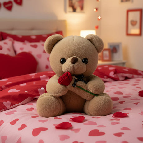 Tan bear holding its rose on heart print bedding beside a warm lit bedside lamp