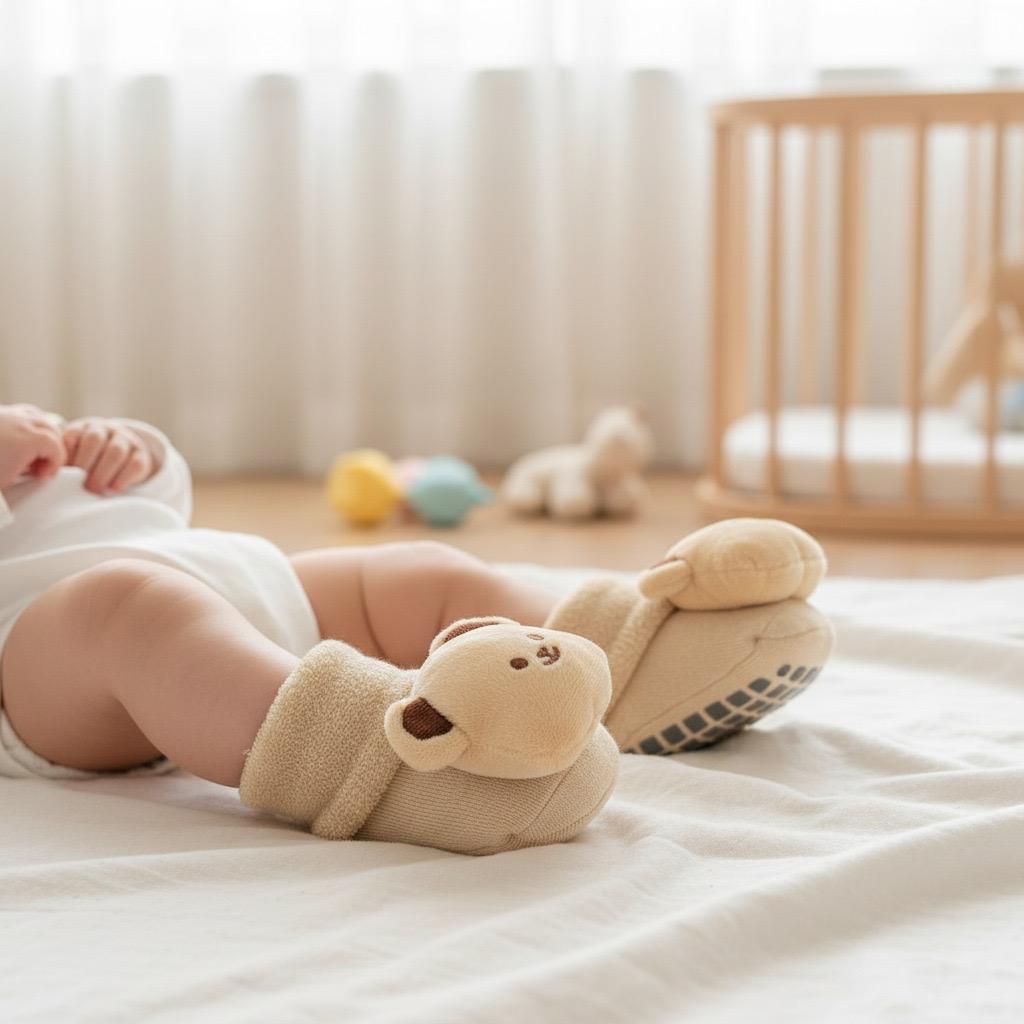 Oatmeal terry newborn booties with a plush teddy bear face and grey dotted non slip sole