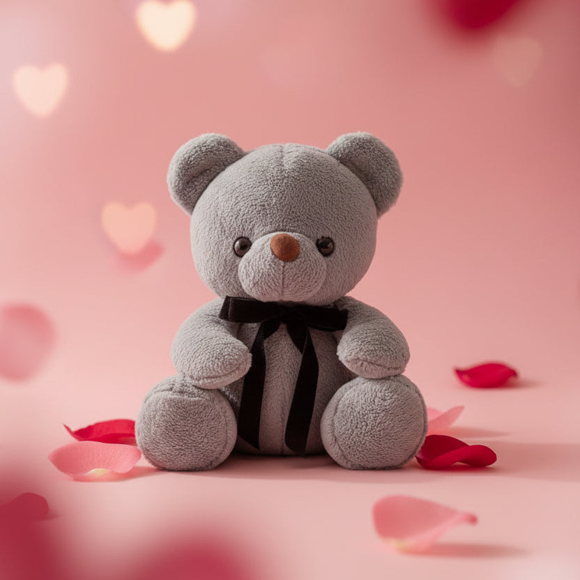Grey plush bear with a black velvet bow on a pink backdrop scattered with rose petals