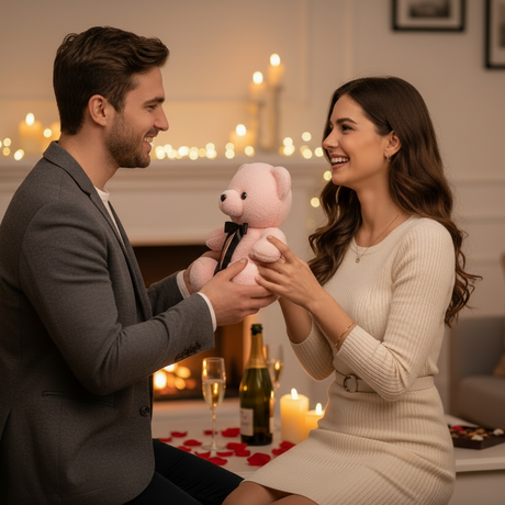 Pink bow bear presented by candlelight in front of a lit fireplace