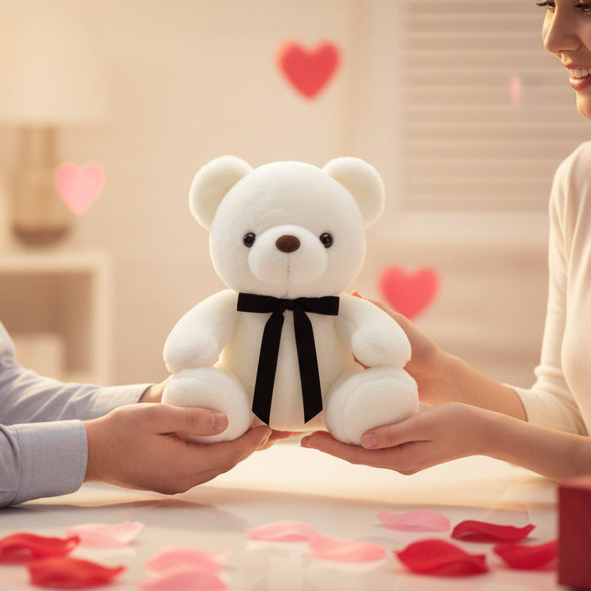 White bow bear passed between a man's hand and a woman's hands over a bright table
