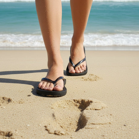 Black sandals with metallic straps on a sandy surface