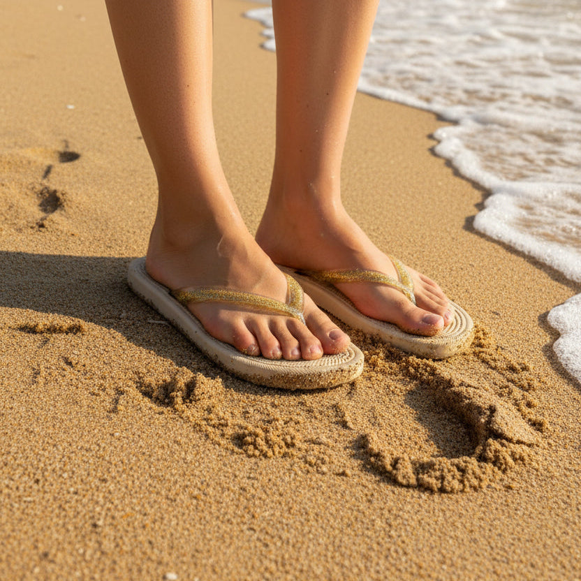 Beige sandals with gold straps on a sandy surface