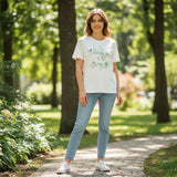 Green lettering version worn on a leafy garden path