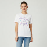 Purple lettering across the front of a white tee