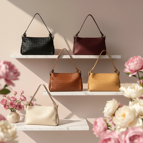 Five handbags with various colors on a shelf with flowers around, against a light background