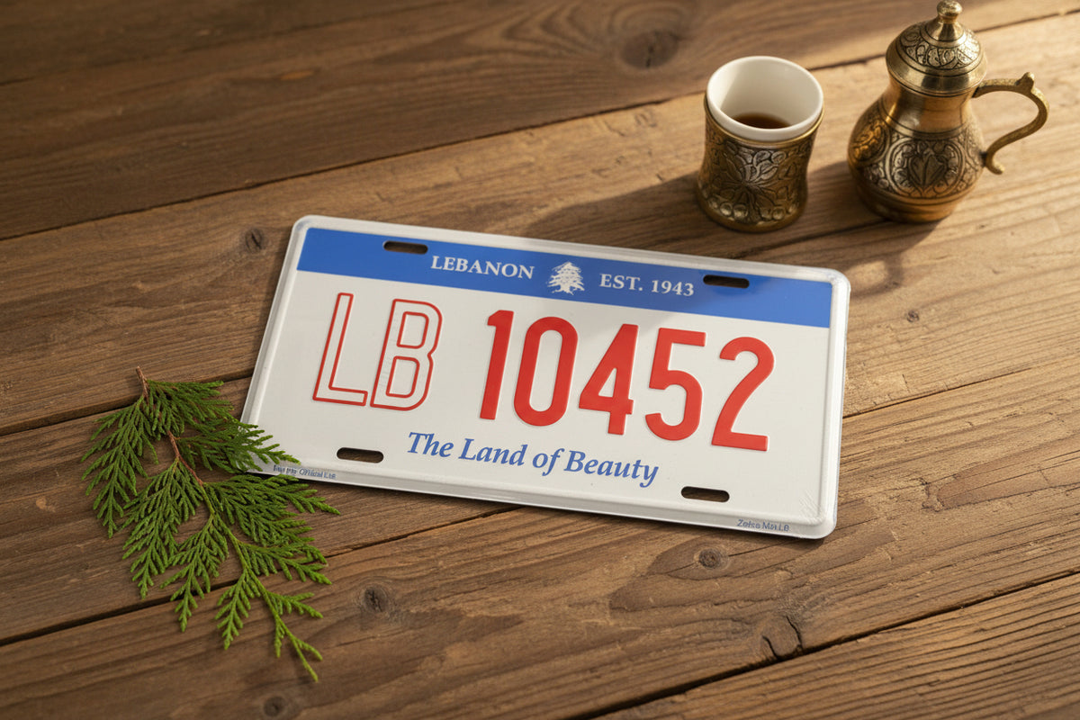 Novelty car plate reading LB 10452 under a blue banner, with The Land of Beauty below