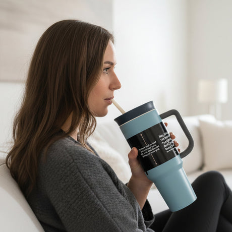 Dusty blue matte tumbler with a black lid, loop handle and cream straw