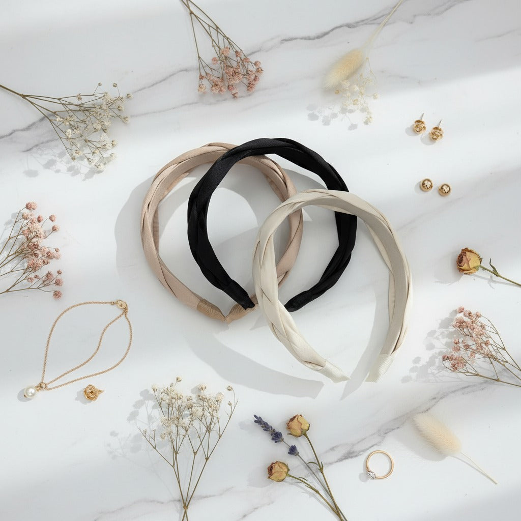 Three headbands in beige, black, and white on a marble surface with dried flowers and jewelry