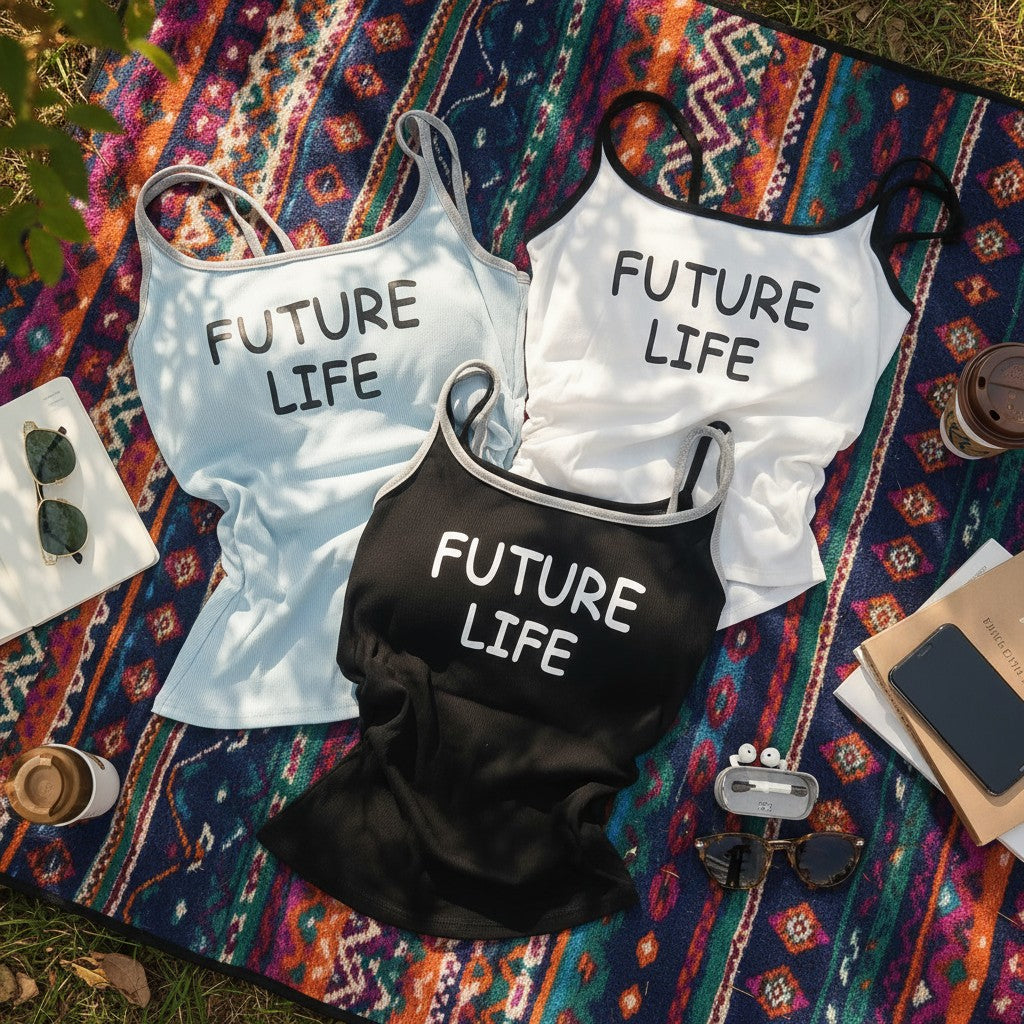 Three 'FUTURE LIFE' tank tops on a colorful patterned blanket with sunglasses and a phone.