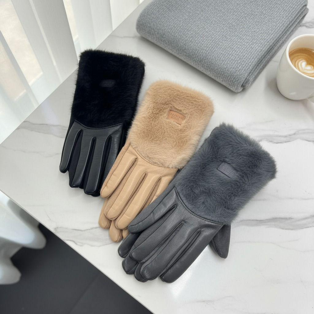 Three pairs of gloves in black, beige, and grey on a marble surface with a cup of coffee and scarf