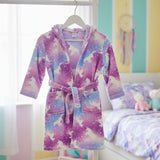 Purple tie dye unicorn kids robe on a hanger with belt and two pockets