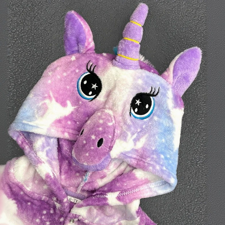 Unicorn hood close up with gold horn, embroidered eyes and soft muzzle