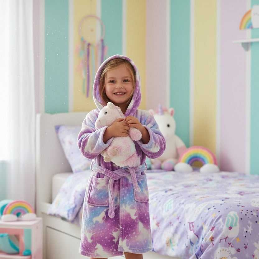 Child in a purple unicorn robe holding a plush toy at bedtime