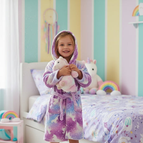 Child in a purple unicorn robe holding a plush toy at bedtime
