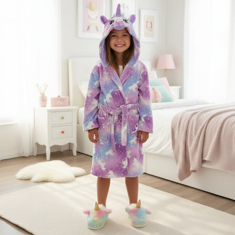 Girl wearing a purple tie dye unicorn hooded robe
