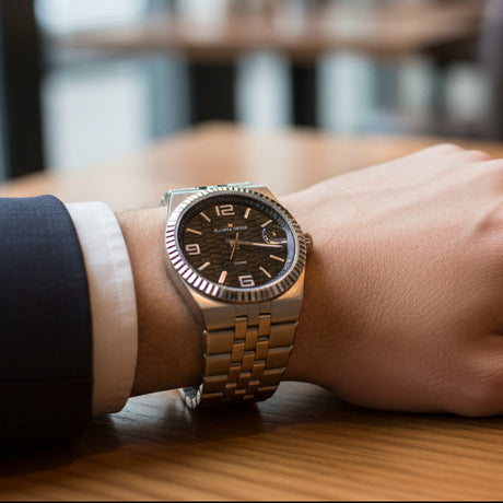Close-up of a wrist wearing a silver watch with a brown dial on a wooden surface