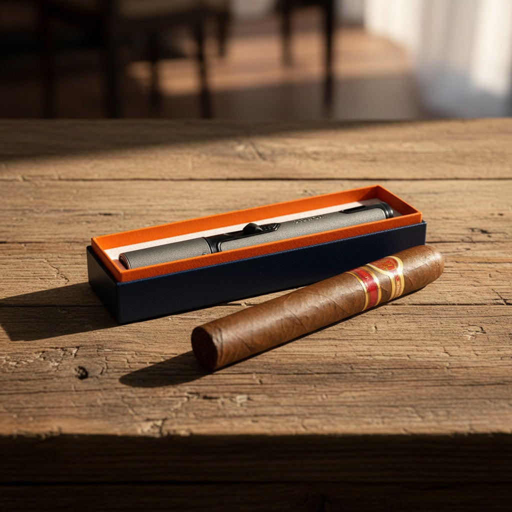 Cigar and titan torch lighter in a box on a wooden table