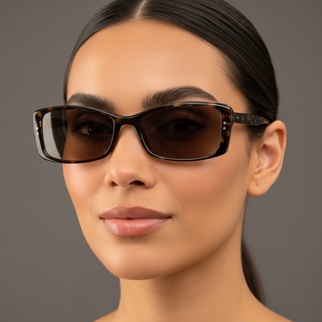 Woman wearing dark slim sunglasses against a grey background