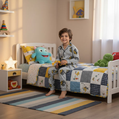 Grey digger truck print button up pajama set worn sitting on a patchwork quilt