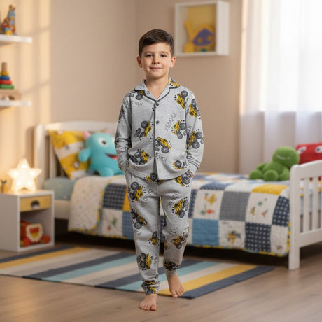 Boys grey pajama set with yellow digger truck print and button up top