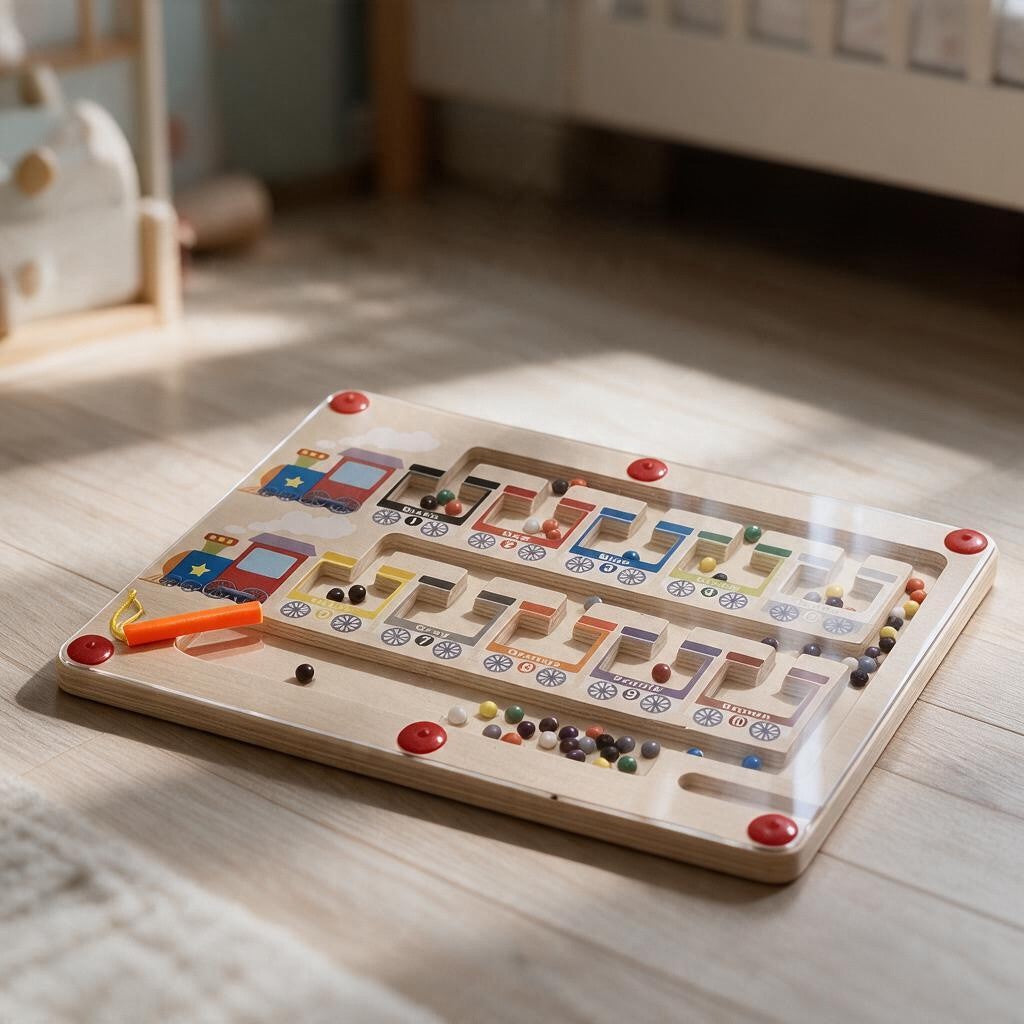 Wooden train magnetic maze with numbered carriages, coloured beads and an orange pen on the floor