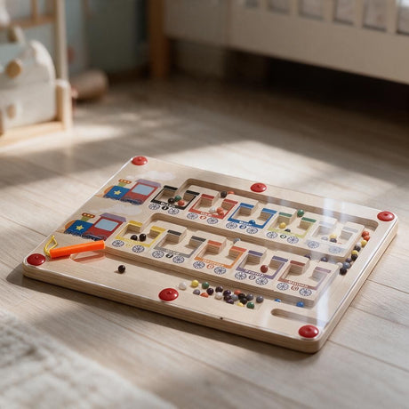 Wooden train magnetic maze with numbered carriages, coloured beads and an orange pen on the floor
