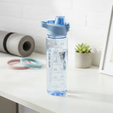 Lilac transparent water bottle with a flip top straw lid and hourly drinking reminders down the side