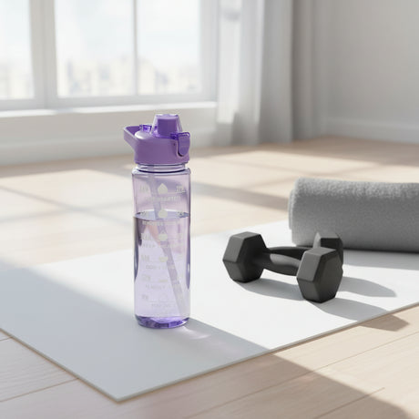 Teal transparent water bottle printed with 8AM to 7PM time markers and motivational lines