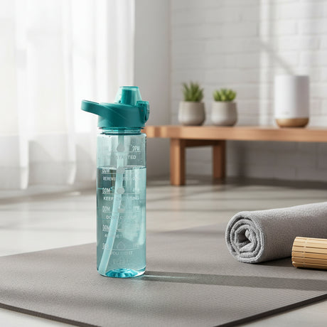Transparent water bottles in teal, lilac and pale blue printed with hourly drinking time markers