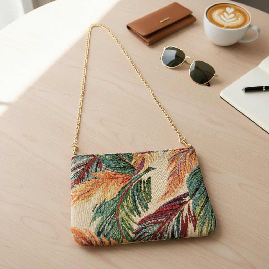 Leaf print tapestry bag laid flat beside sunglasses and a coffee