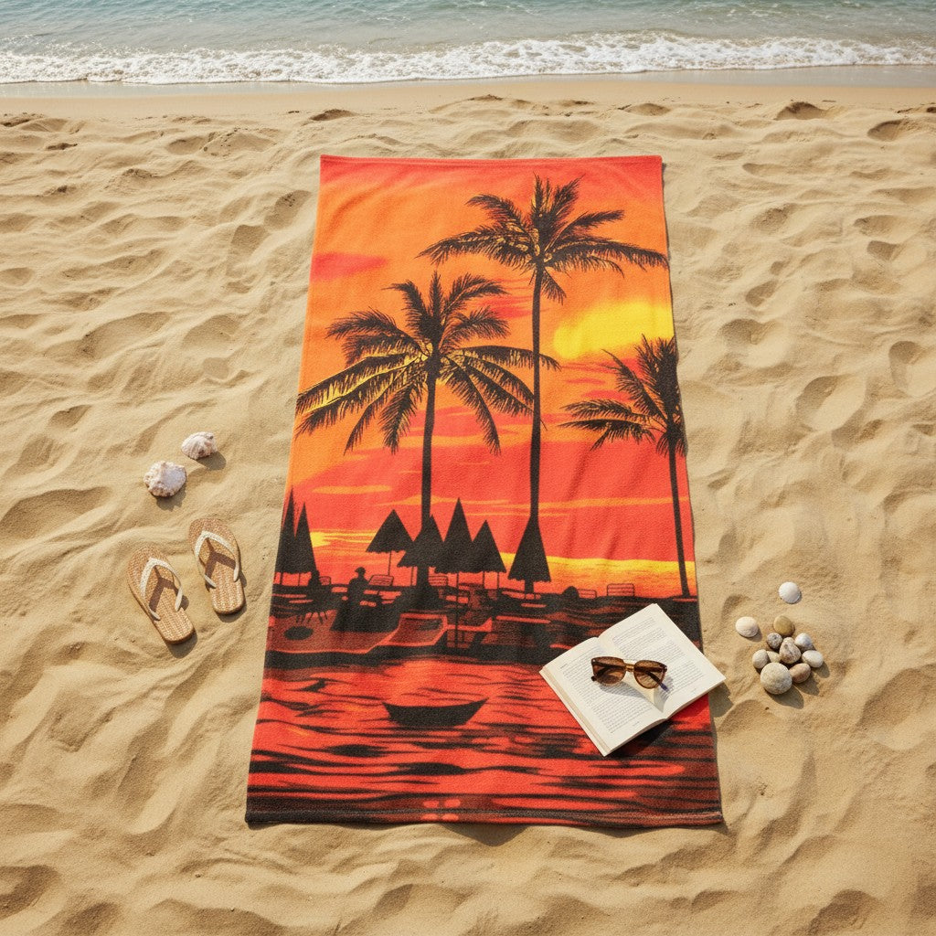 Beach towel with palm tree and sunset design on a sandy beach