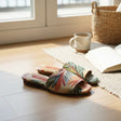 Tropical leaf tapestry slide sandals with an open square toe