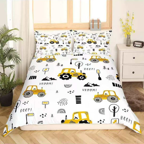 Kids white truck bedding set with yellow tractor print and pillowcases