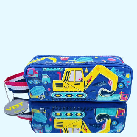 Double-decker pencil case with construction vehicle design on a light blue background
