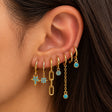 Ear stacked with six gold huggies with turquoise star, flower and round charms and chain drops