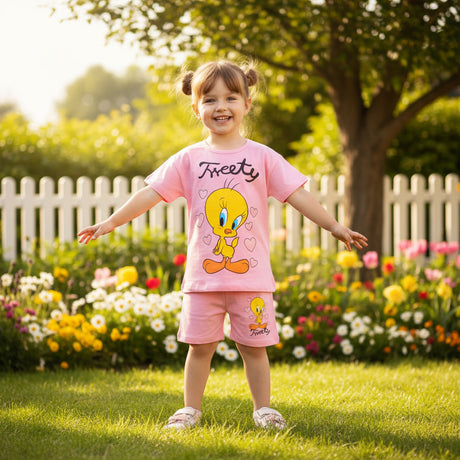 Full length girls pink Tweety Bird summer set with matching printed shorts and sandals