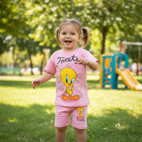 Girls pink Tweety Bird tee and shorts set worn at a playground