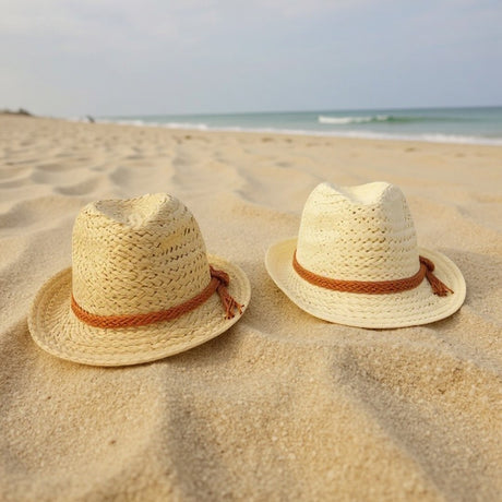 Two woven straw hats with brown bands resting on sandy beach ground with the ocean and sky in the background