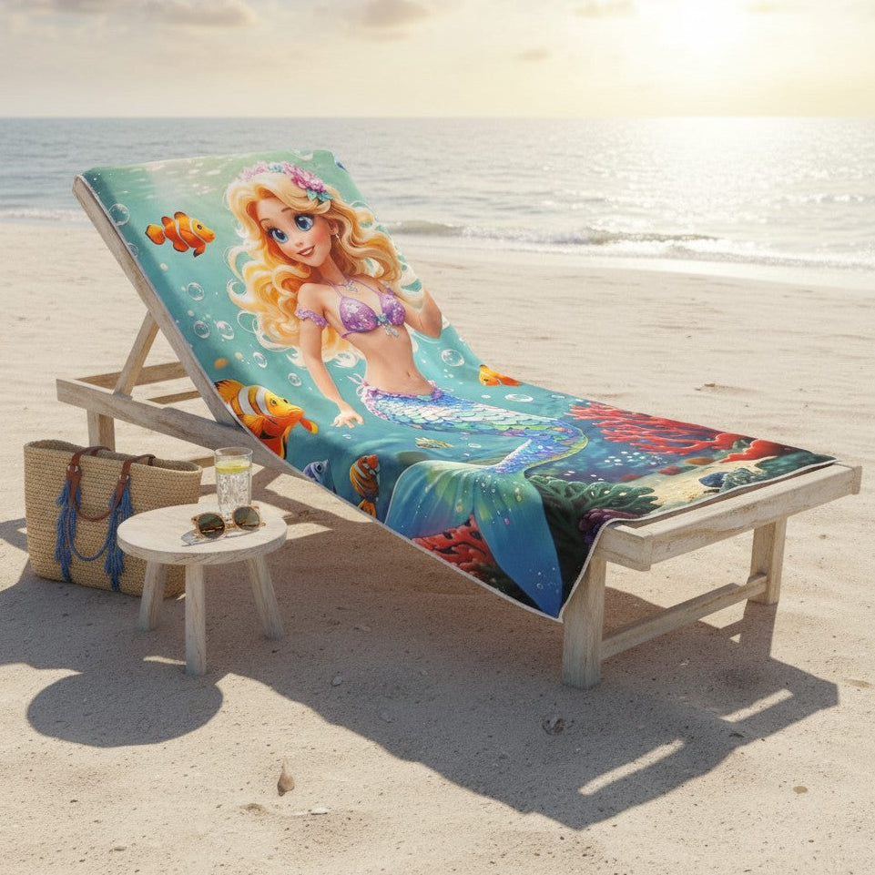 Underwater mermaid beach towel spread over a wooden lounger at sunset