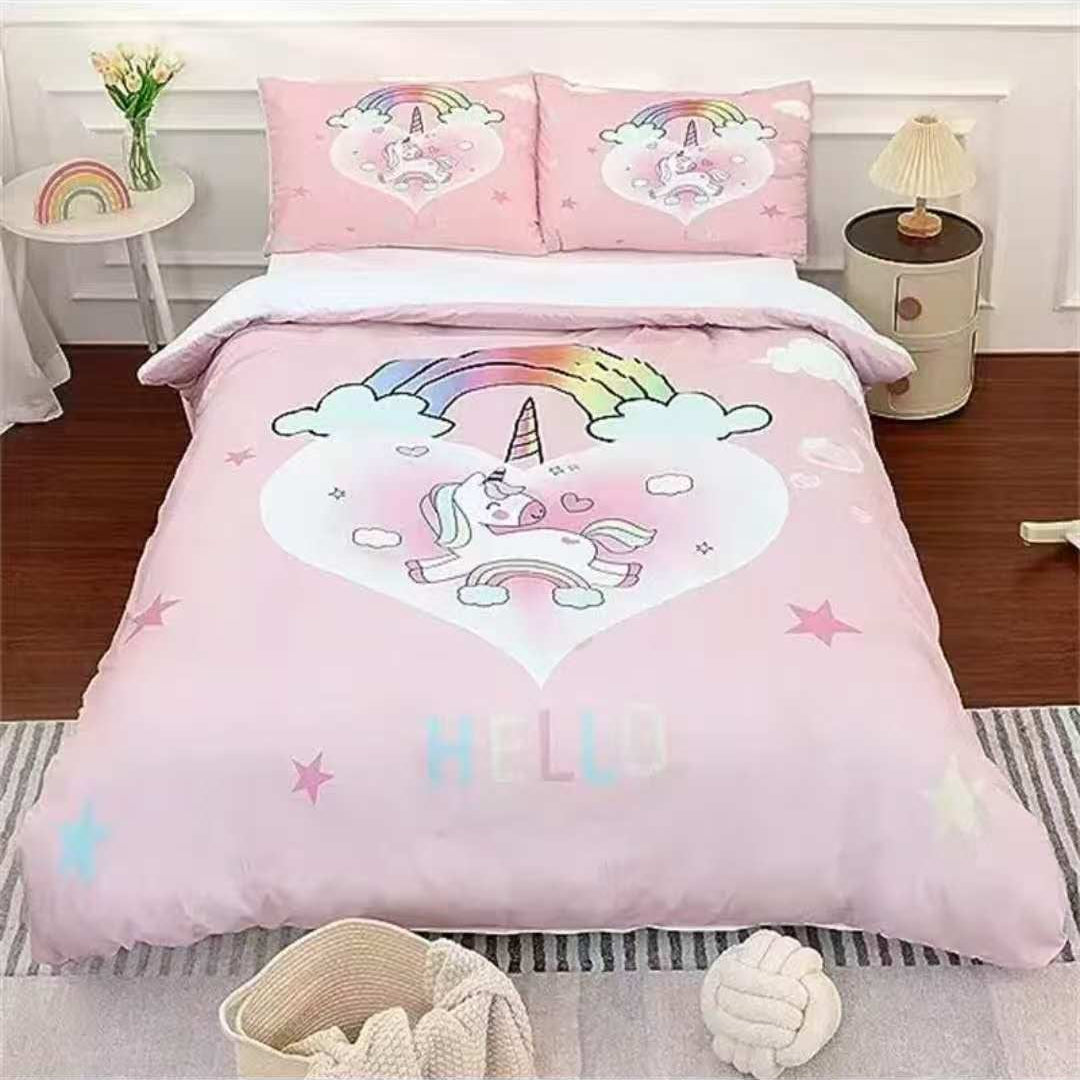 Pink unicorn bedding set for girls with rainbow heart and Hello print