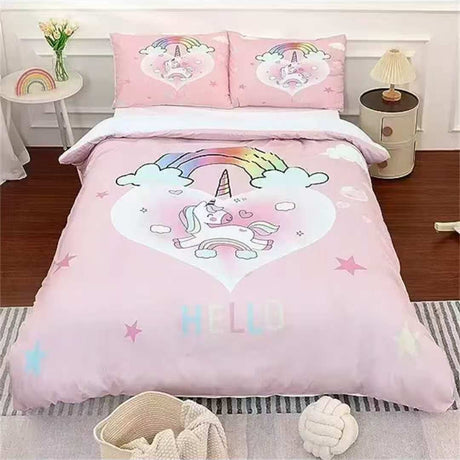 Pink unicorn bedding set for girls with rainbow heart and Hello print