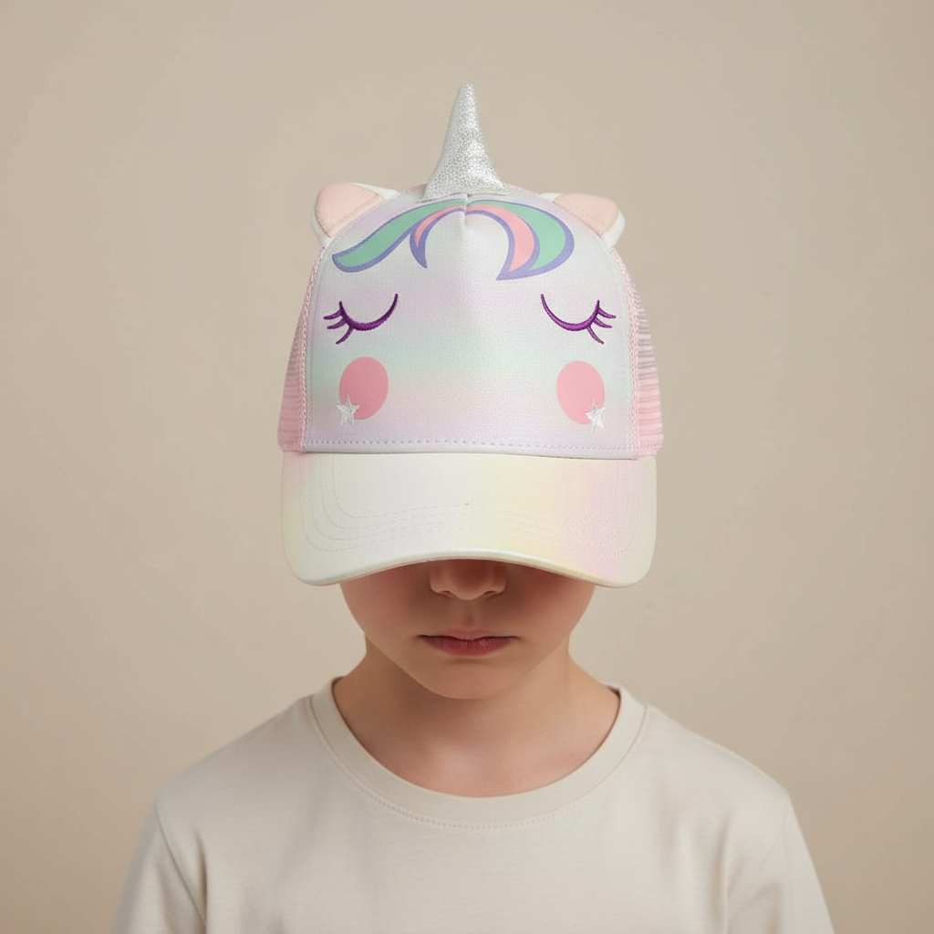 Child wearing a white unicorn cap with a pink horn and iridescent brim
