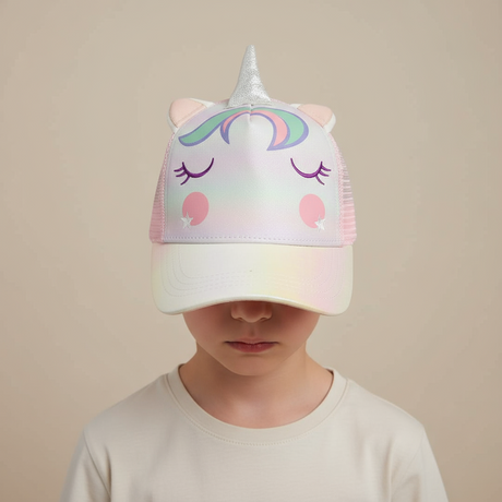 Child wearing a white unicorn cap with a pink horn and iridescent brim